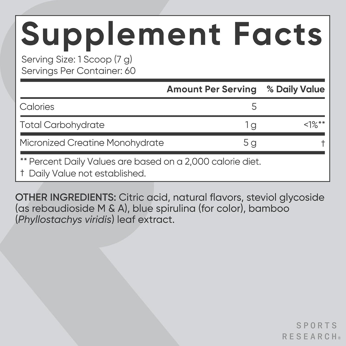 Sports Research Fourteen Point Eighteen Ounce creatine powder container demonstrating vegan certified badge.