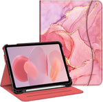 Fintie iPad Tenth Generation Case in Marble Pink front view showcasing elegant gold detailing on synthetic leather