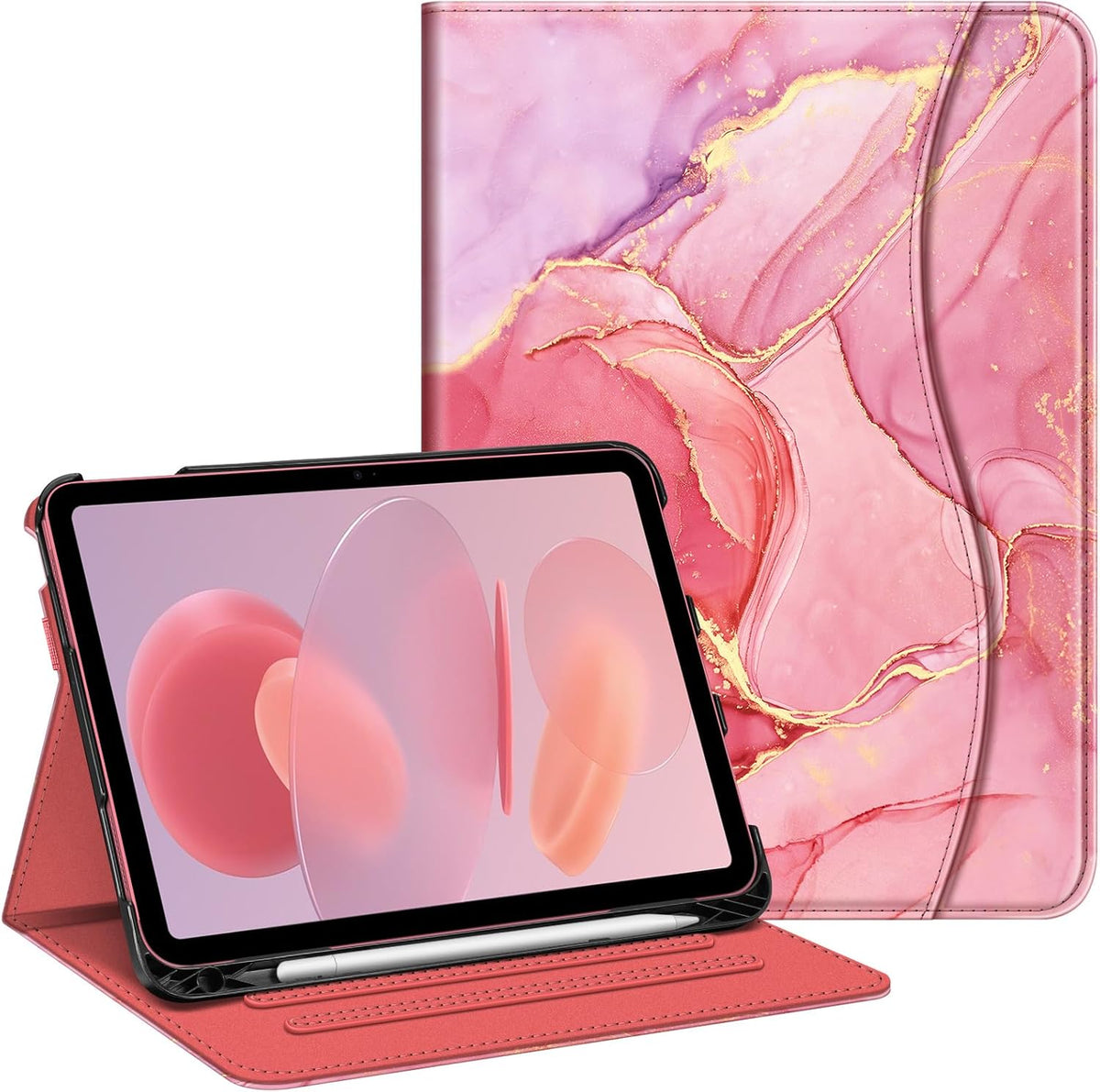 Fintie iPad Tenth Generation Case in Marble Pink front view showcasing elegant gold detailing on synthetic leather