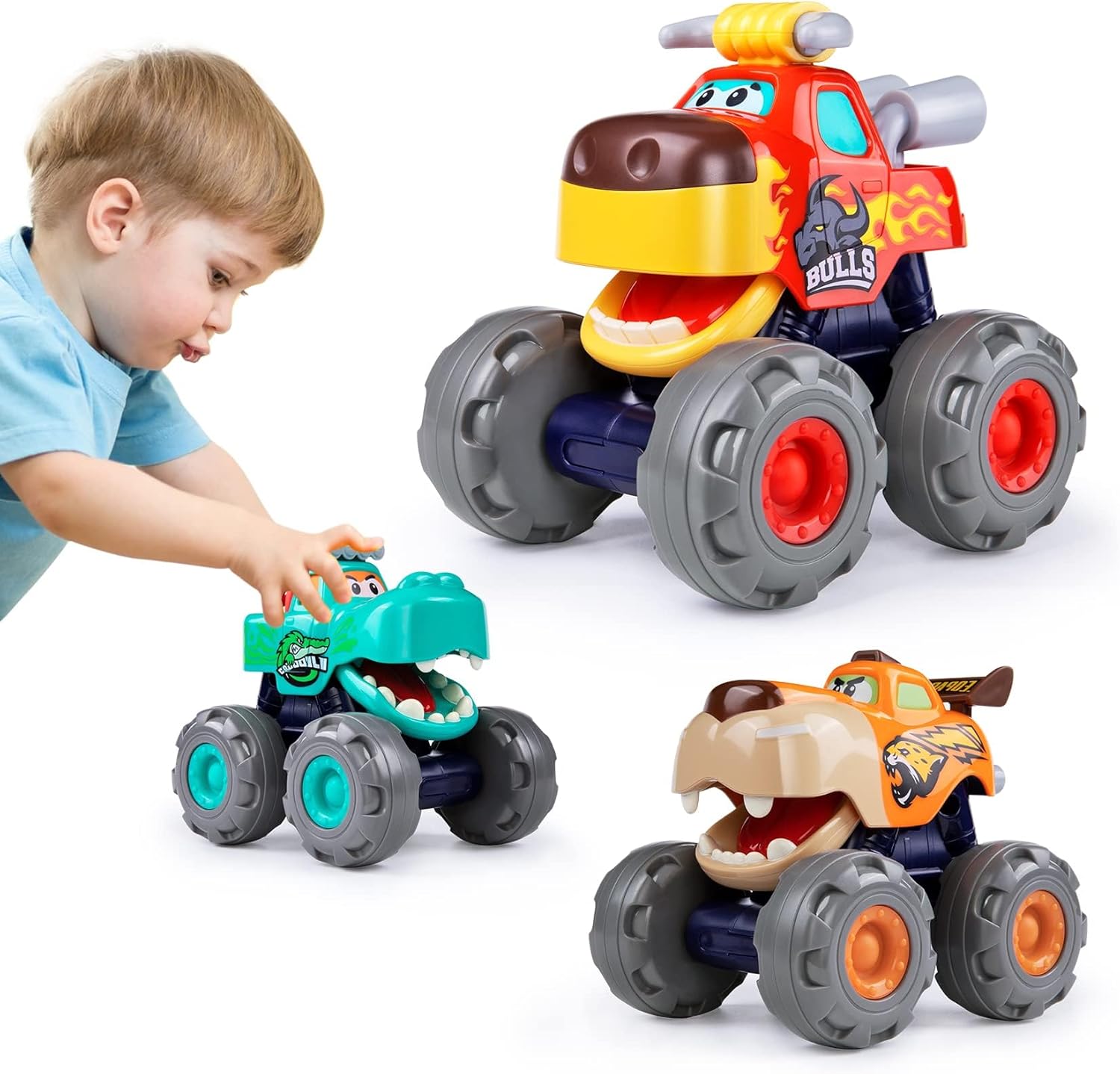 WITALENT Animal Monster Truck Toy Cars front view of three pack set