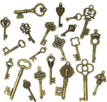 Assorted bronze brass skeleton keys laid out for crafts