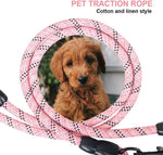 Reflective threads glowing on the heavy duty braided dog rope during a nighttime walk simulation.