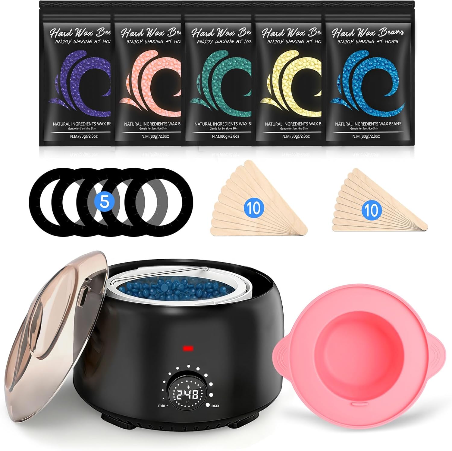 TIKESI digital waxing kit front view showing the electric wax warmer with five bags of hard wax beads and wooden spatulas.