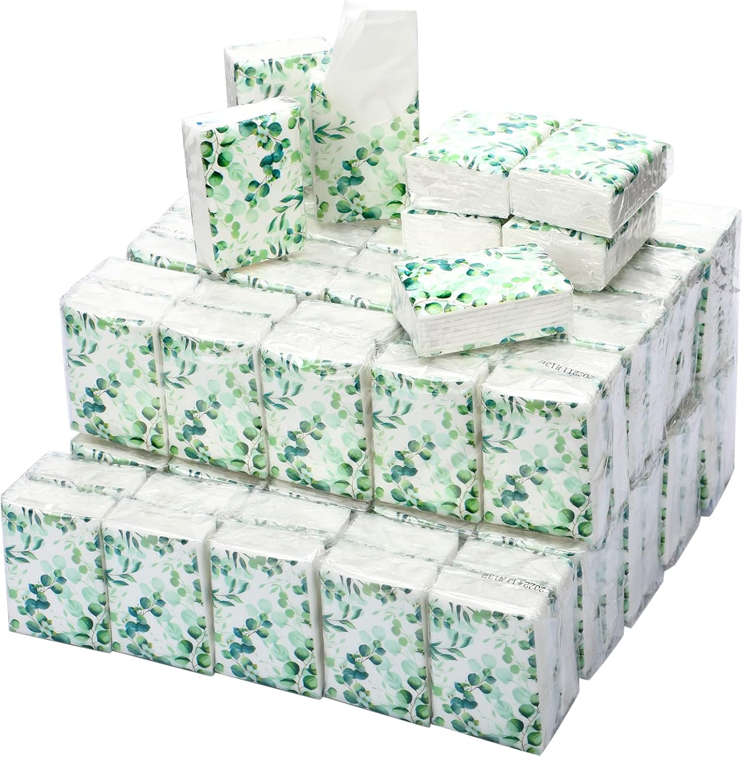 Geyee travel tissue packs bulk 100 count front view showing botanical eucalyptus leaves design