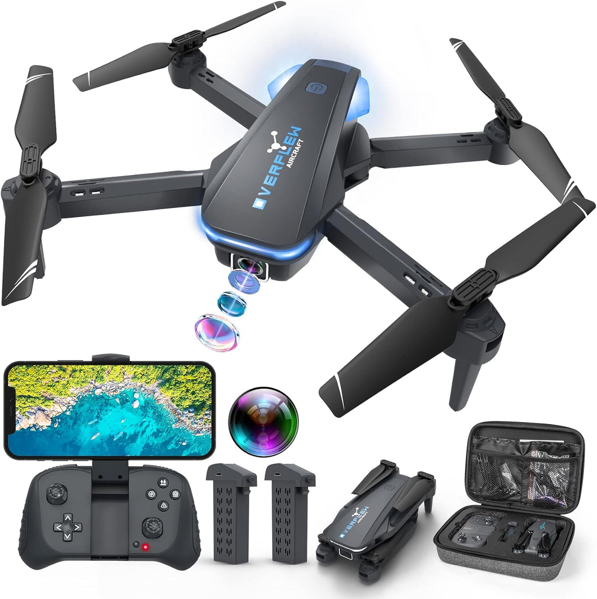 Hiturbo foldable remote control drone with 1080P camera front view showcasing grey and blue plastic body