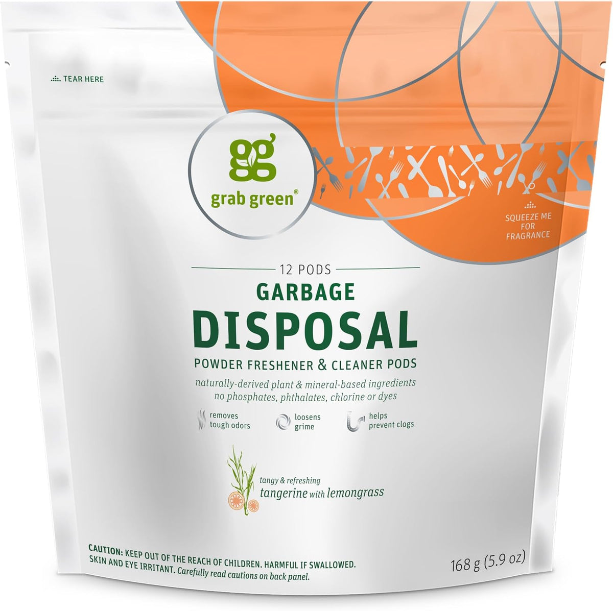 Grab Green Garbage Disposal Freshener Pods front view with tangerine and lemongrass branding