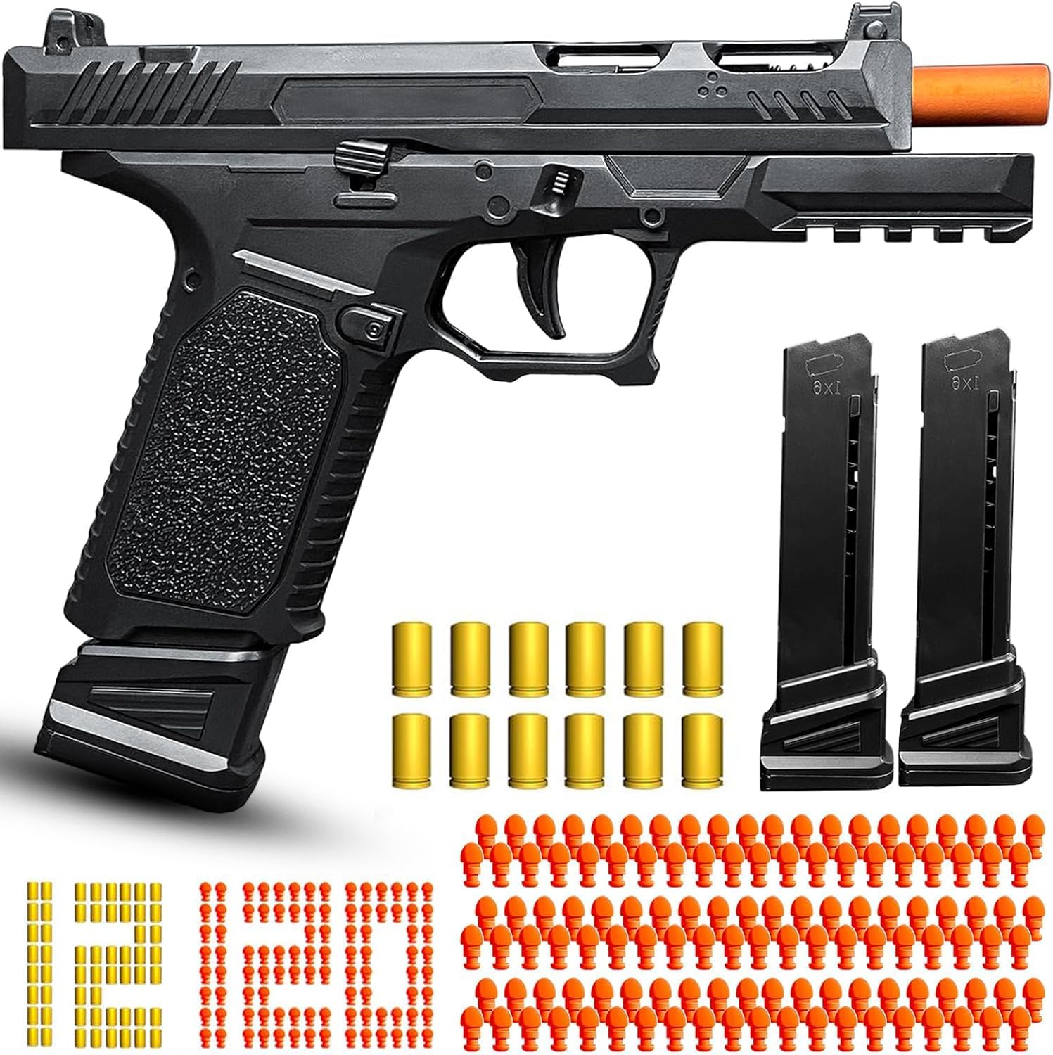 Westward automatic shell ejecting toy gun pistol front view showcasing realistic matte black finish and tactical rail layout