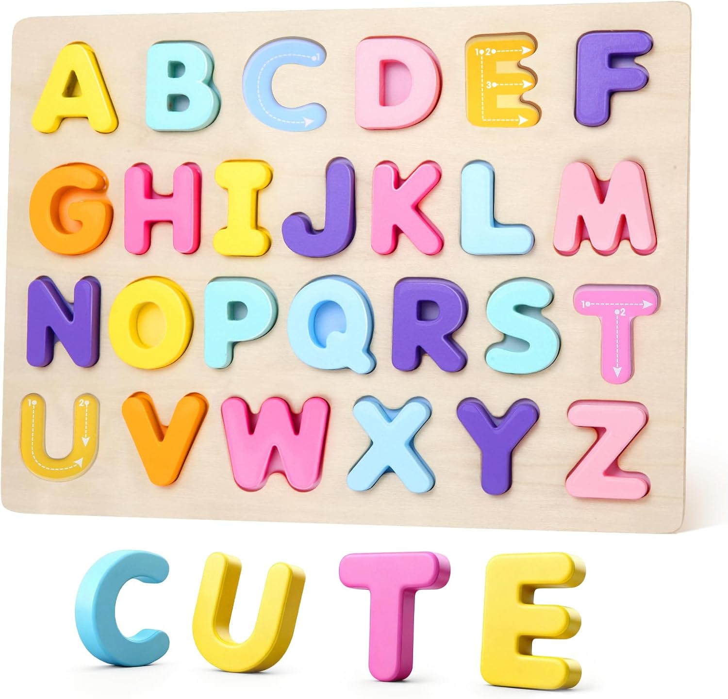 KryBella wooden alphabet puzzle board front view showing colorful capital letters for toddler learning