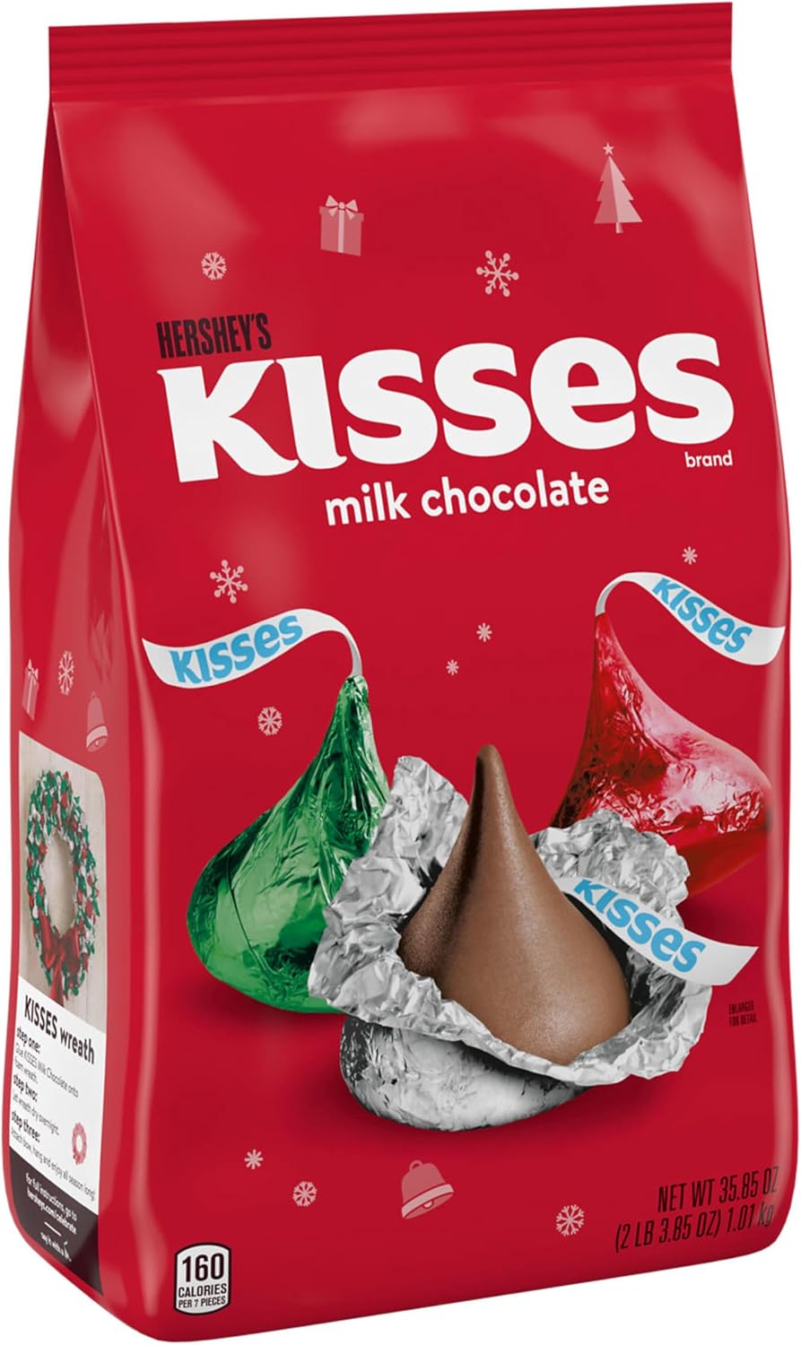 Back of Hersheys Kisses milk chocolate thirty five point eight five ounce bag showing nutrition facts