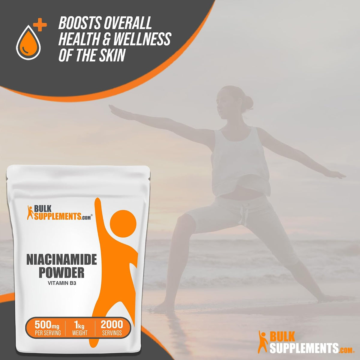 Gluten-free Vitamin B3 powder alongside a smoothie highlighting its easy mixability.
