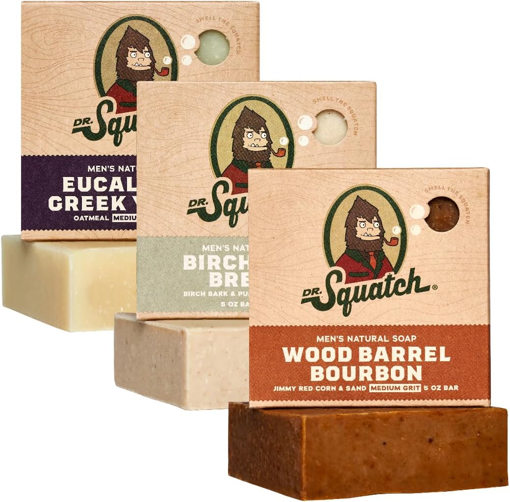 Dr. Squatch Natural Bar Soap For Men 3 Pack front view showing variety scents