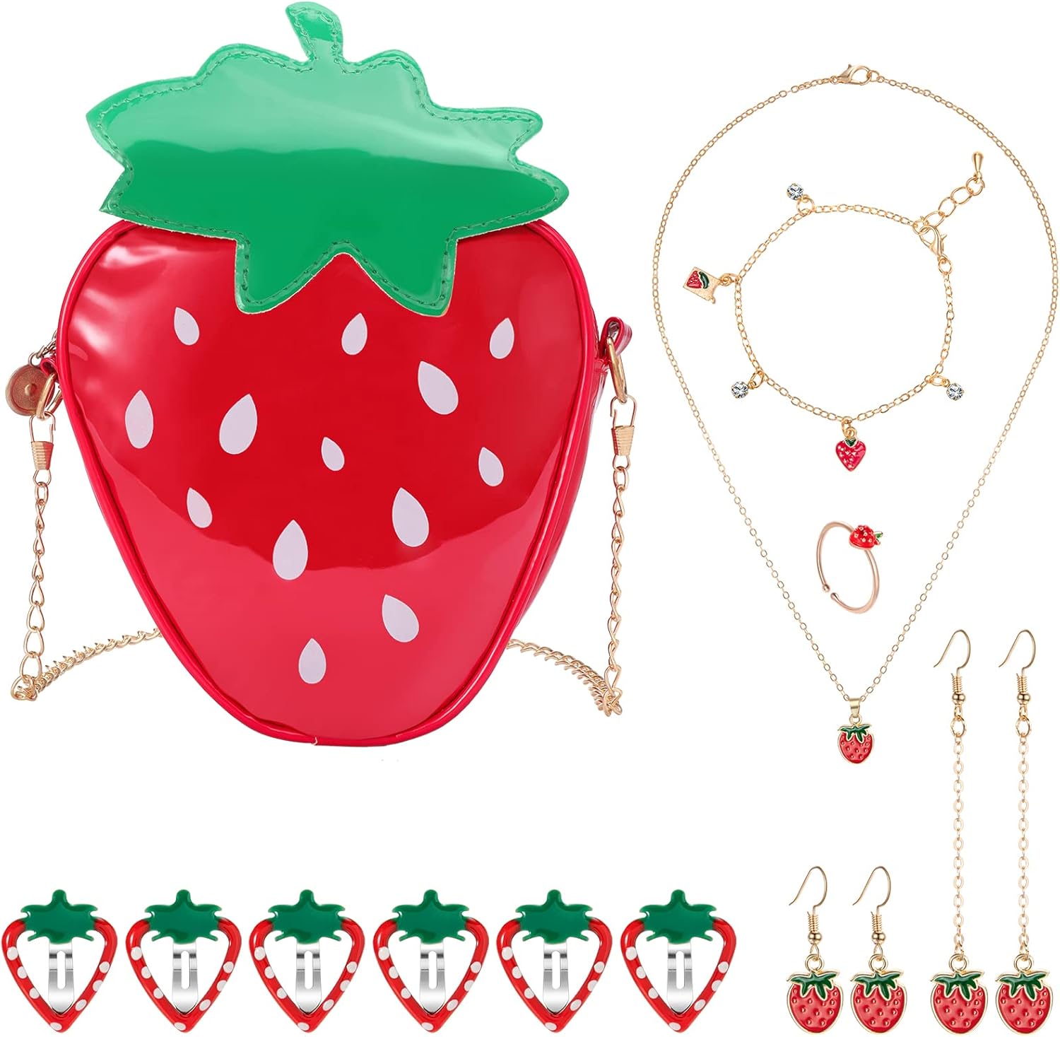 Hifot strawberry crossbody bag jewelry set front view showing patent leather purse and matching red fruit accessories