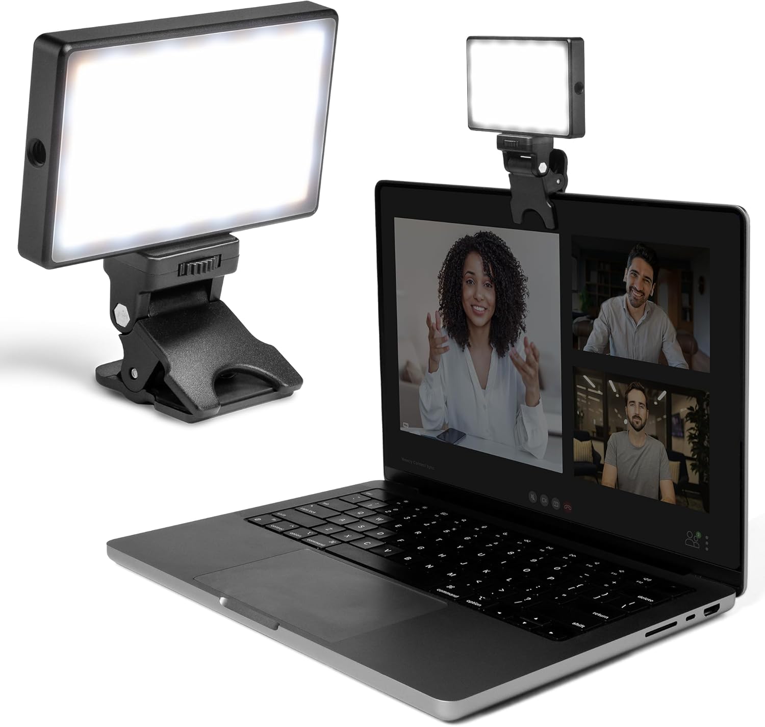 Lume Cube Video Conference Lighting Kit front view mounted on a laptop screen showcasing soft professional LED illumination.