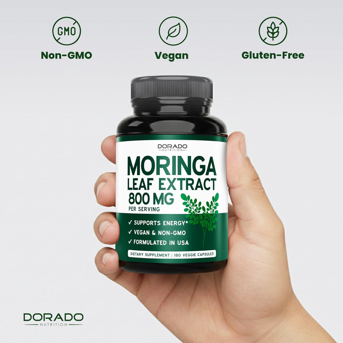 Non-GMO and vegan certification logos on bottle