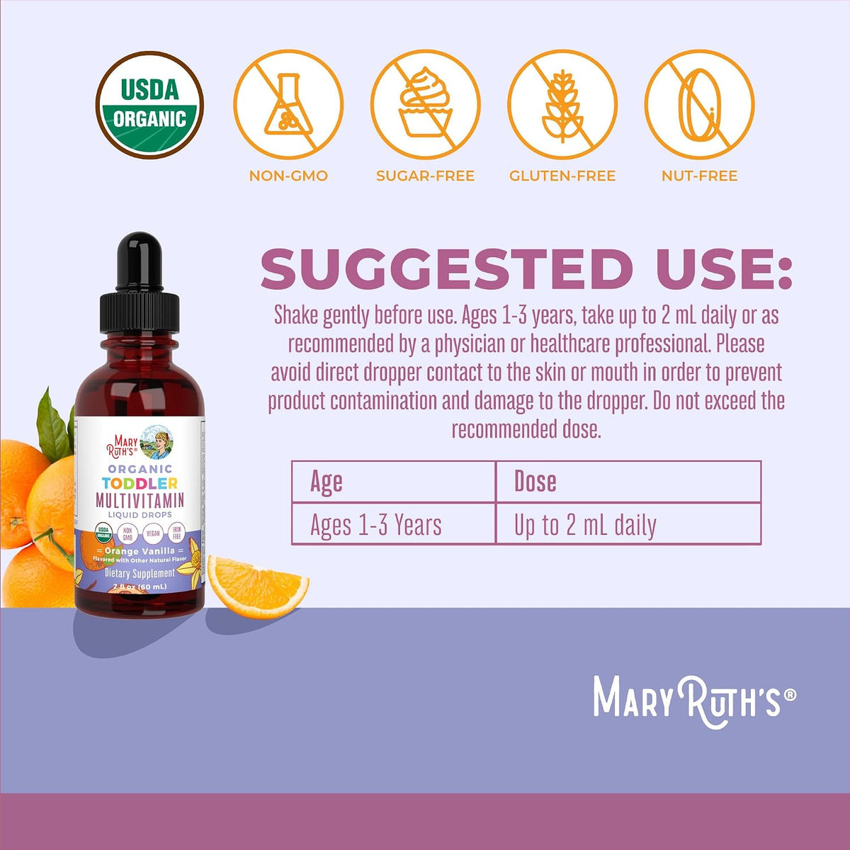 MaryRuth's organic toddler multivitamin drops dropper bottle detail