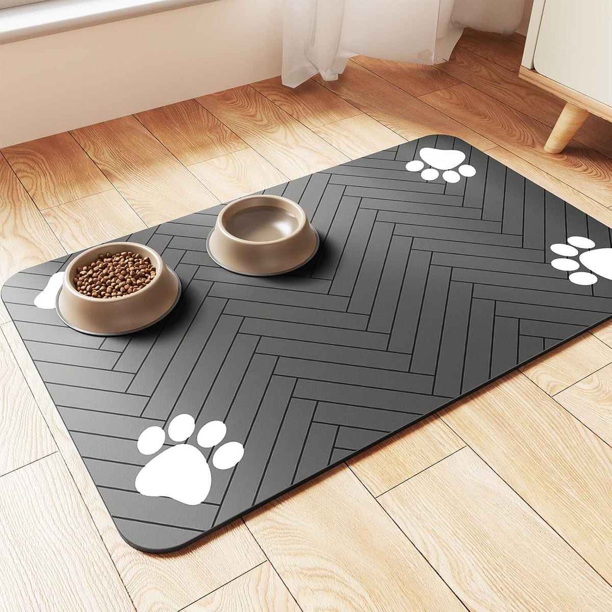 Dk177 Pet Feeding Mat Striped Dark Gray front view for food bowls