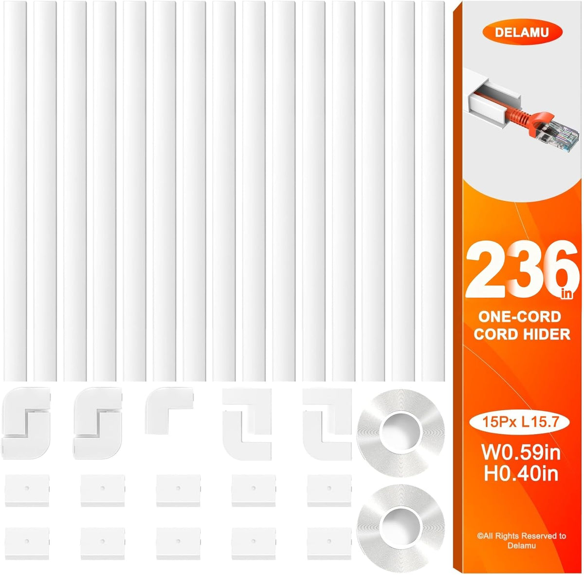 Delamu one wire cord hider kit front view showing white cable channels on wall.
