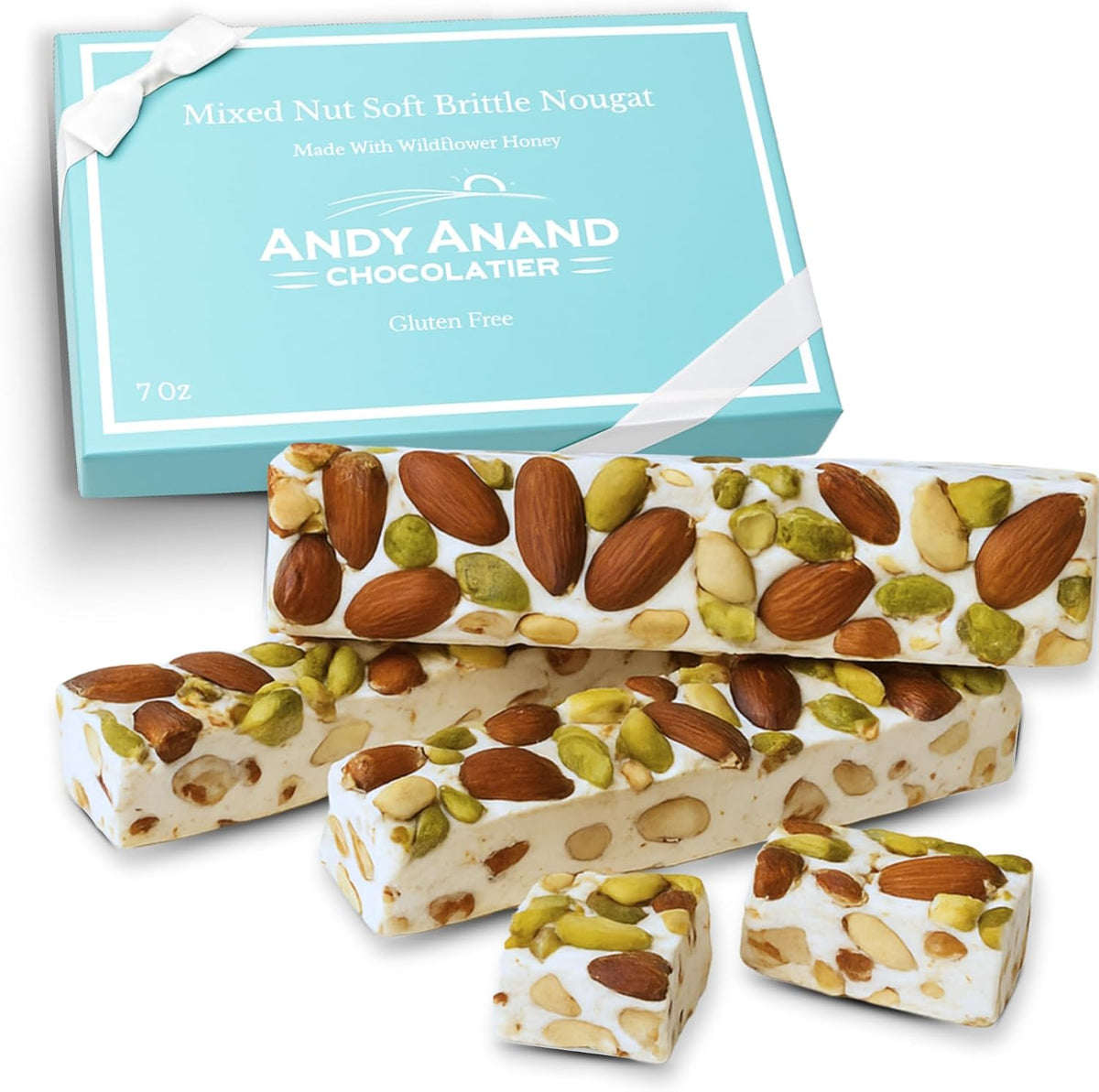 Andy Anand Chocolatier roasted pistachio soft nougat front view gift box