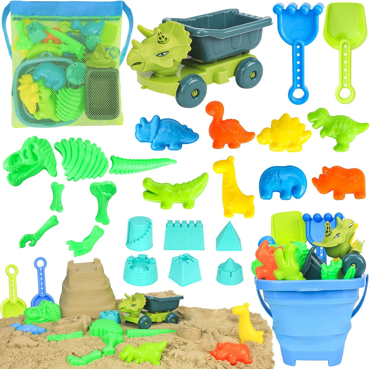 Fuspweao dinosaur beach toy set with dump truck and bucket