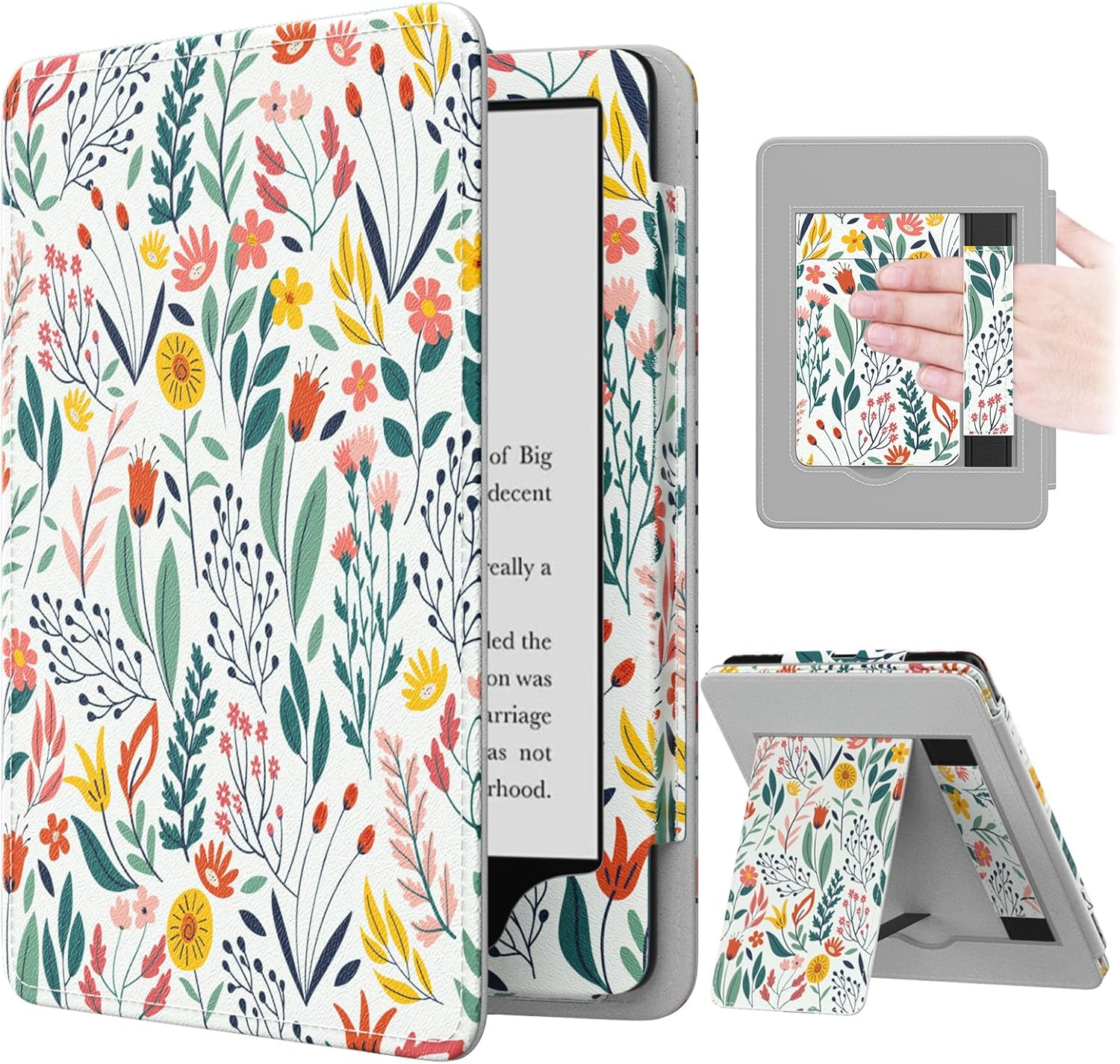 MoKo protective e-reader case front view showing vibrant multicolored floral pattern on white polyurethane leather.