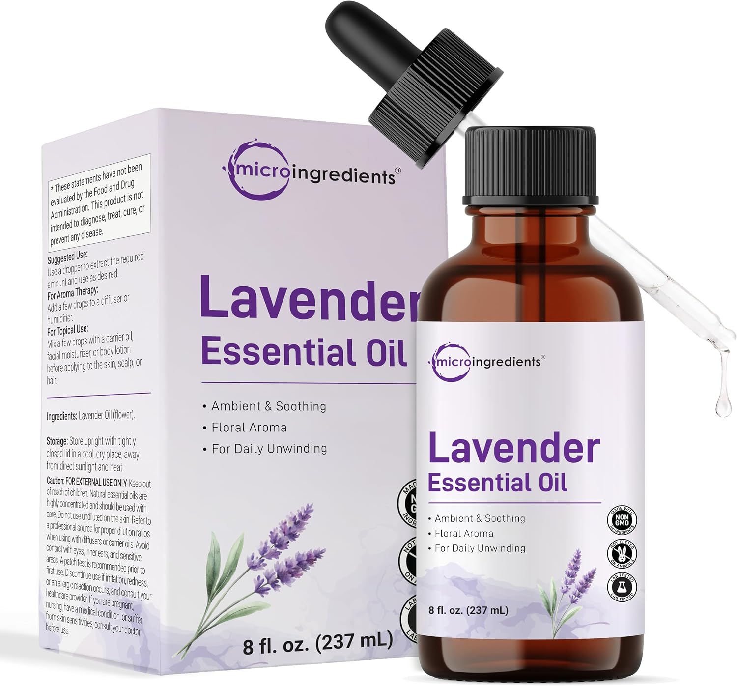 Micro Ingredients lavender essential oil front view bottle and packaging