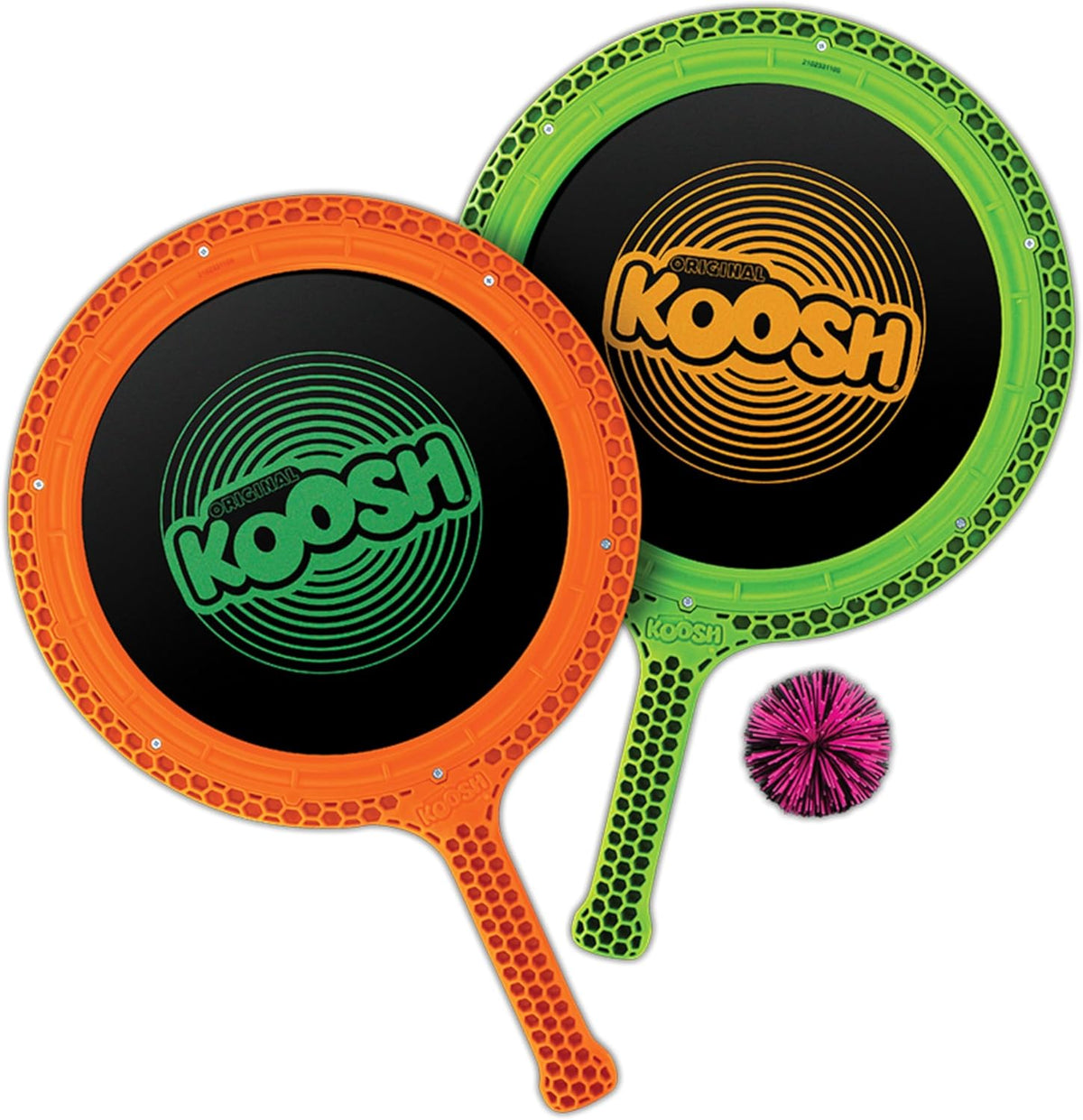 Koosh Paddle Playset front view with neon paddles and ball