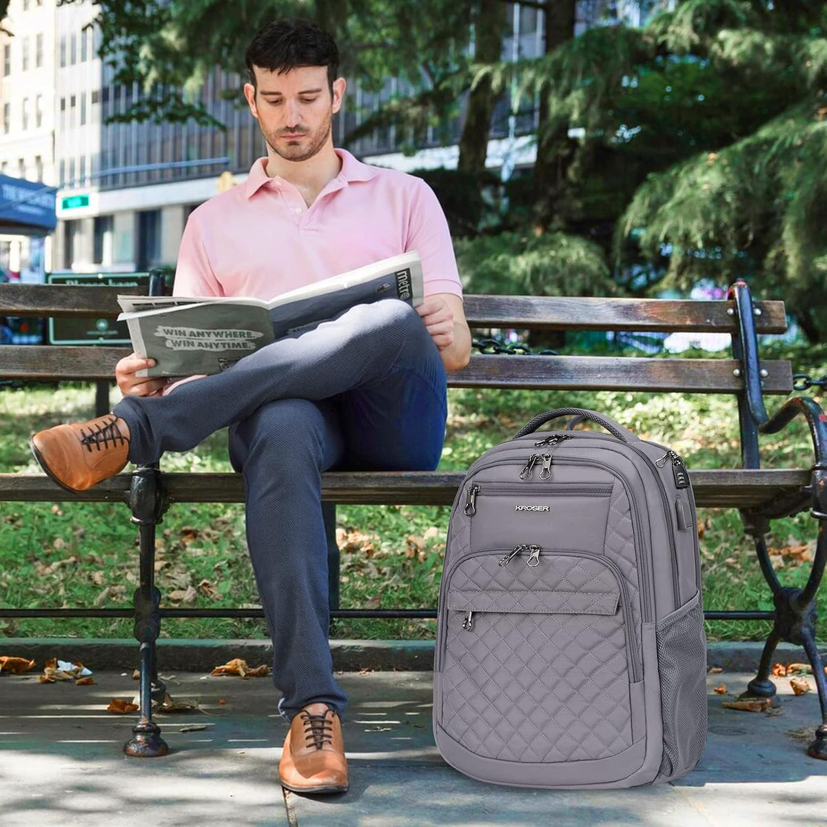 KROSER laptop backpack luggage strap sliding over suitcase handle