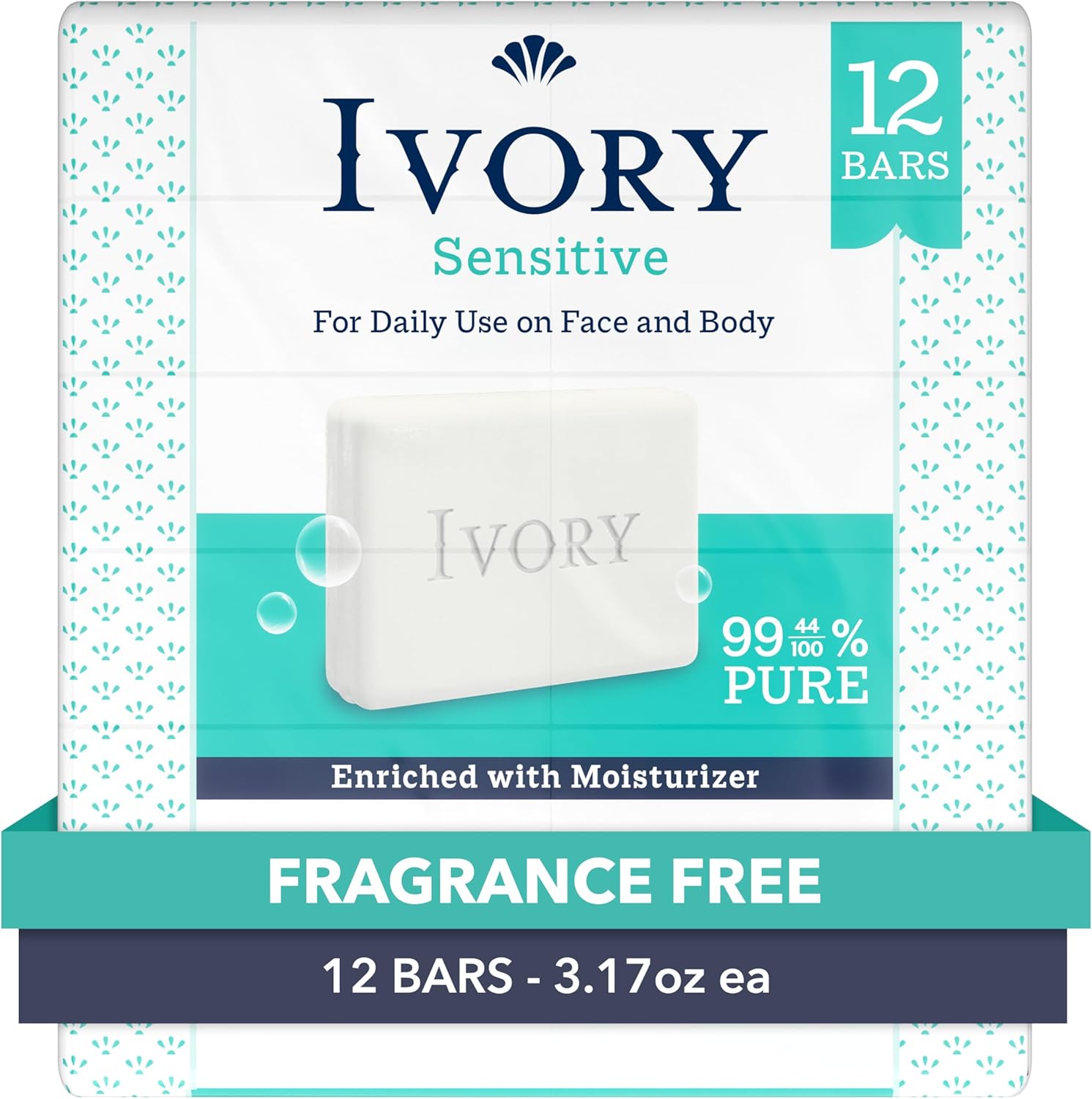 Ivory Sensitive Bar Soap, Designed for Whole Family, Fragrance Free, 99.44% Pure Formula, Plant-Based Cleanser, Made Without Heavy Perfume, Parabens, Phthalates, For All Skin Types, 3.17 oz (12 Count) - Image 1