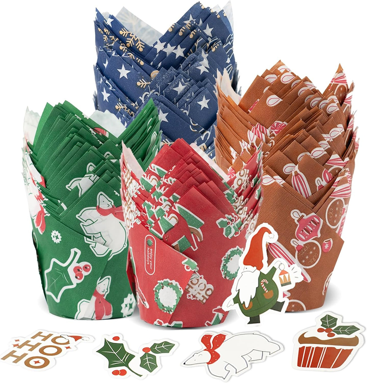 Bake Choice Christmas tulip cupcake liners front view showcasing holiday designs