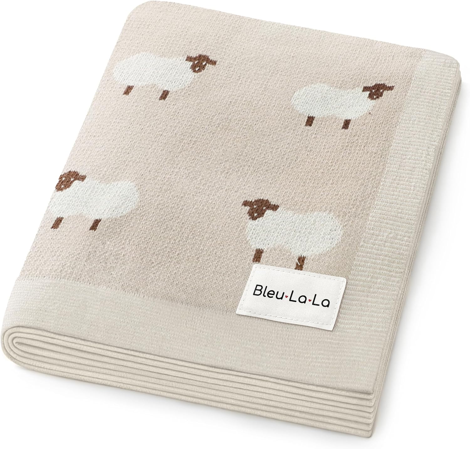 Bleu La La knit baby swaddle blanket front view showing khaki sheep design