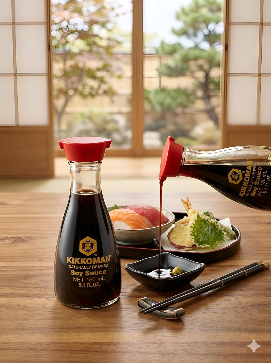Kikkoman soy sauce tabletop dispenser red cap close up