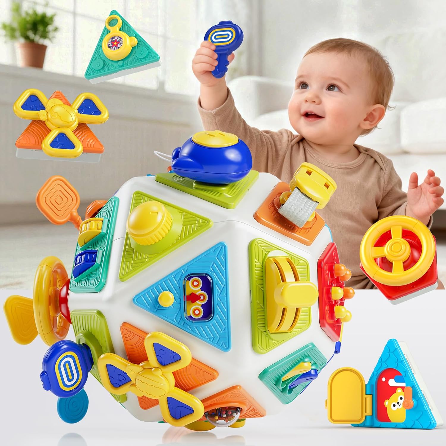 Shantou Jietai Crafts and Toys Manufactory 22 in 1 baby busy board activity cube front view showcasing interactive buttons and gears for toddler sensory learning
