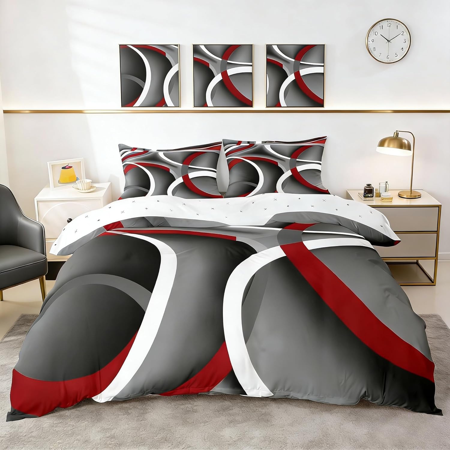 Castle Fairy modern geometric lines duvet cover King size set arranged on a contemporary bed frame showcase