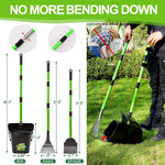 Adjustable three section metal handle of the LANNEY dog poop scooper illustrating no bend yard cleaning.