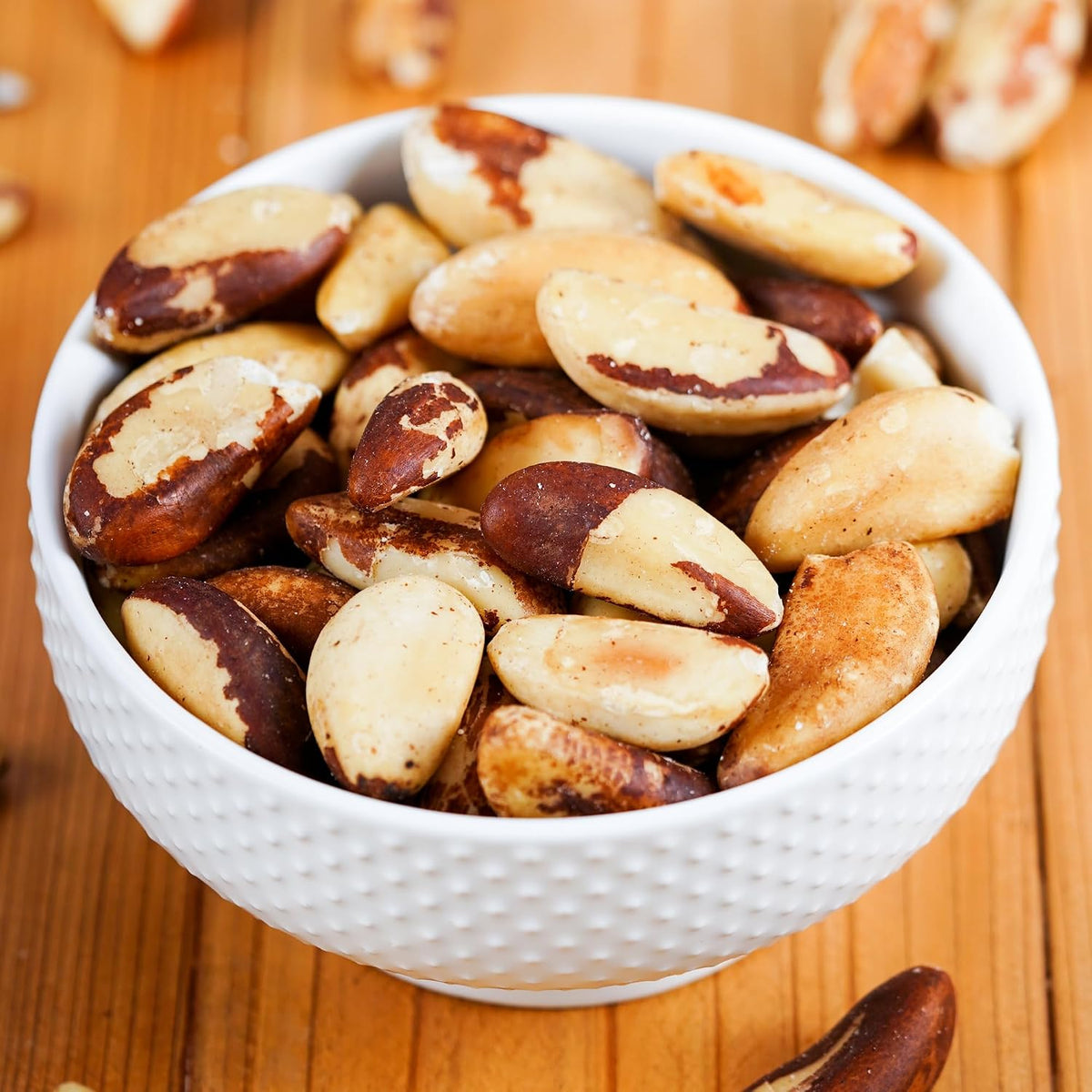 Shelled and unsalted organic Brazil nuts close up