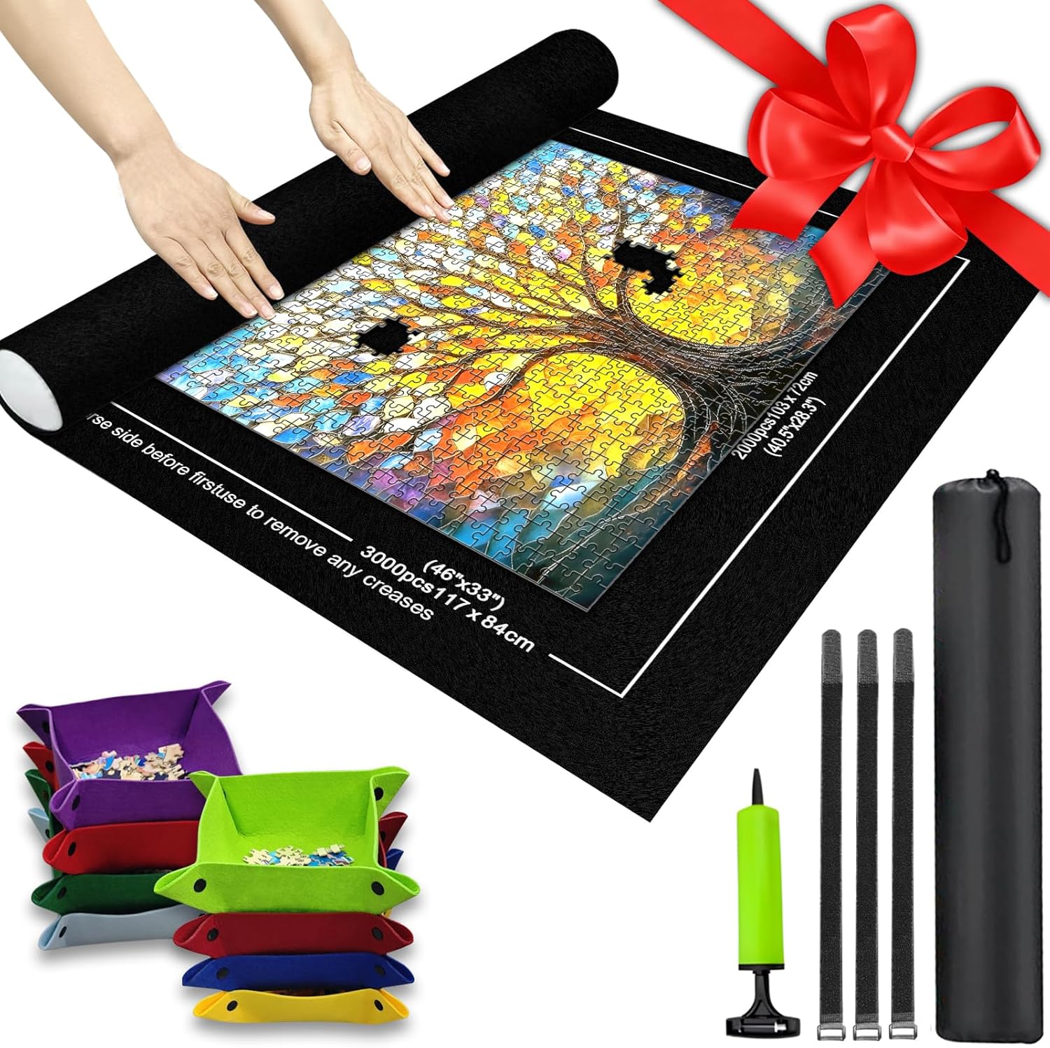 Napzy Jigsaw Puzzle Roll Up Mat front view showing black felt surface with puzzle pieces