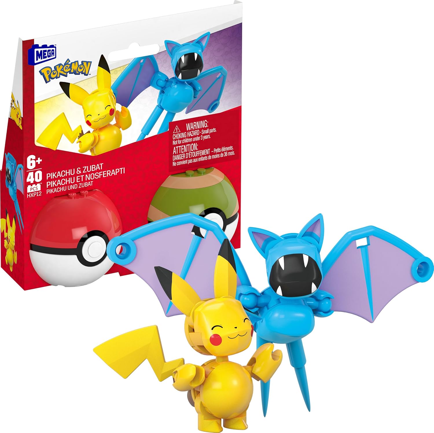 Mega Brands Pokémon Building Toys Set front view featuring Pikachu and Zubat figures with Poké Balls.