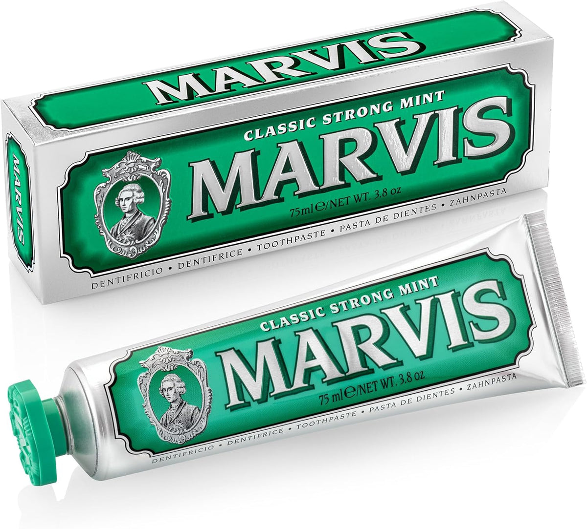 Marvis Italian premium toothpaste tubes green and blue packaging for fresh breath
