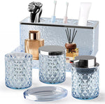 BSSN glass bathroom accessories set premium blue crystal front view display on counter