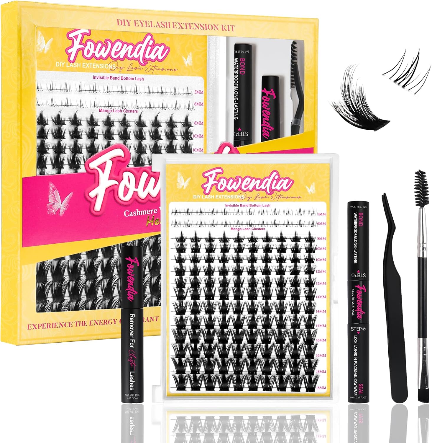 Fowendia Lash Clusters Kit tray with 8 18mm manga eyelash clusters