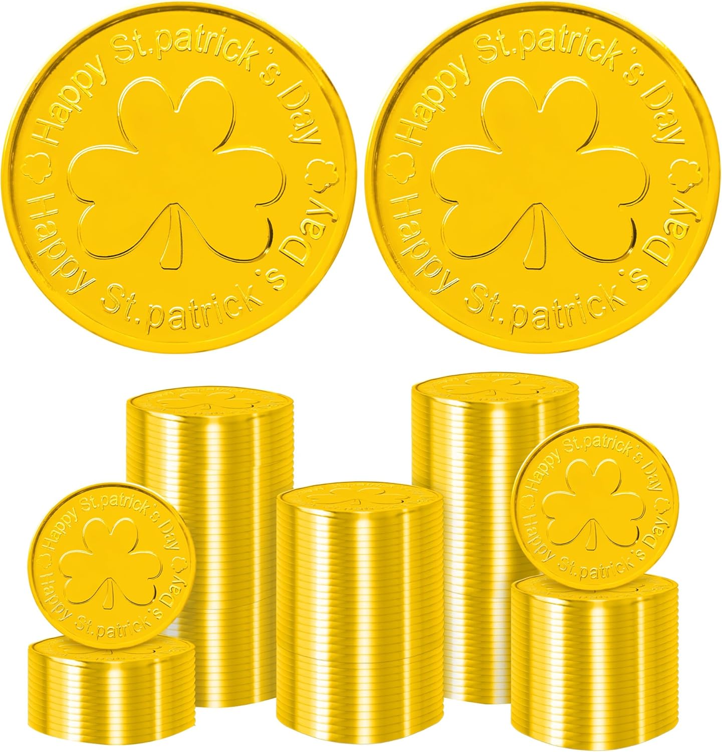 Yoblink gold plastic coins front view showing embossed shamrock design on premium tokens