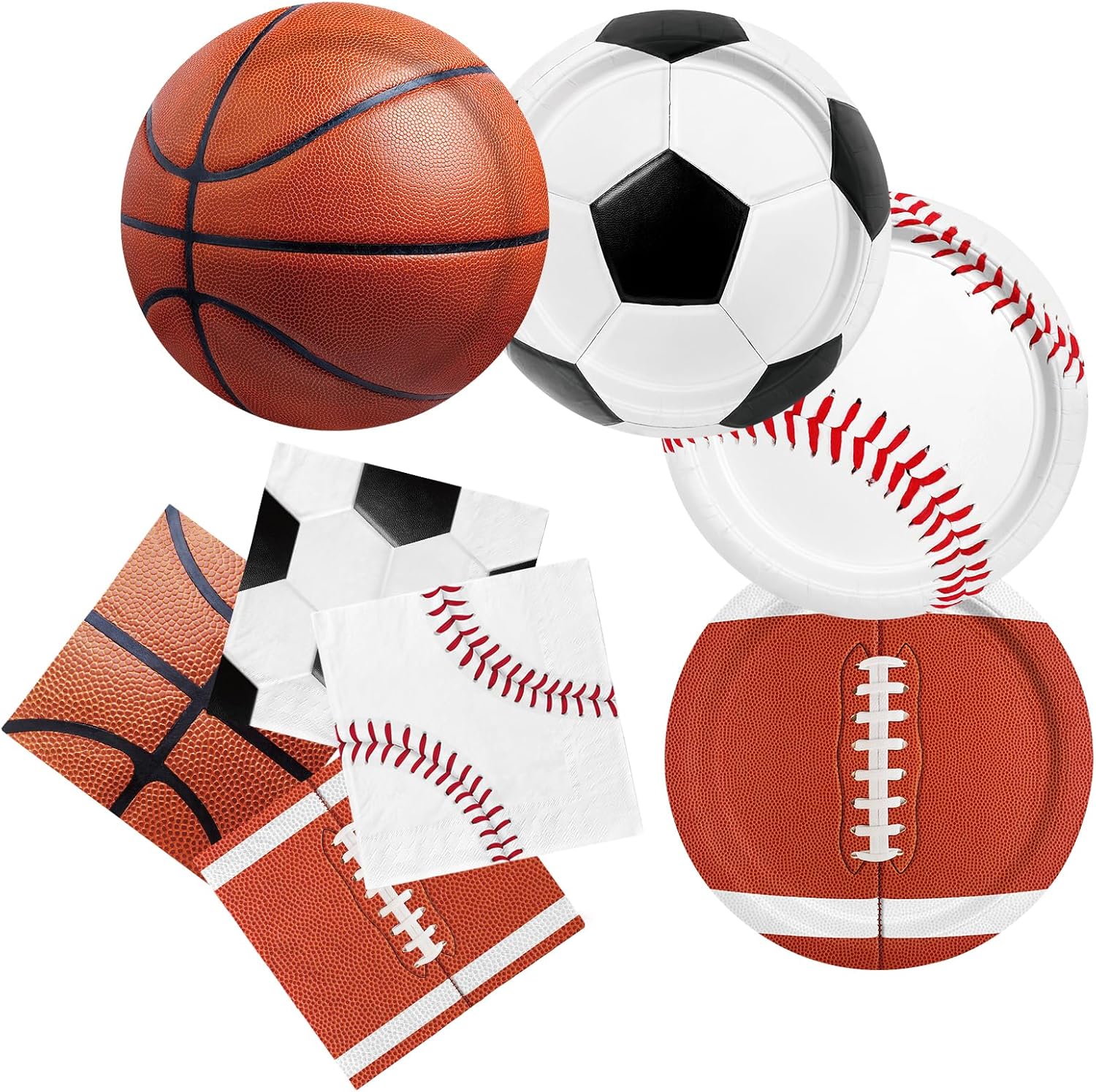 Gatherfun sports themed birthday party kit front view showing football and basketball plates