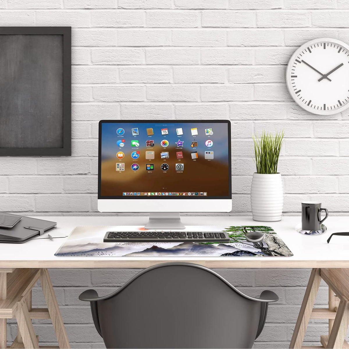 Wide-angle view of the 35x15.7 inch landscape mouse pad with keyboard and mouse.