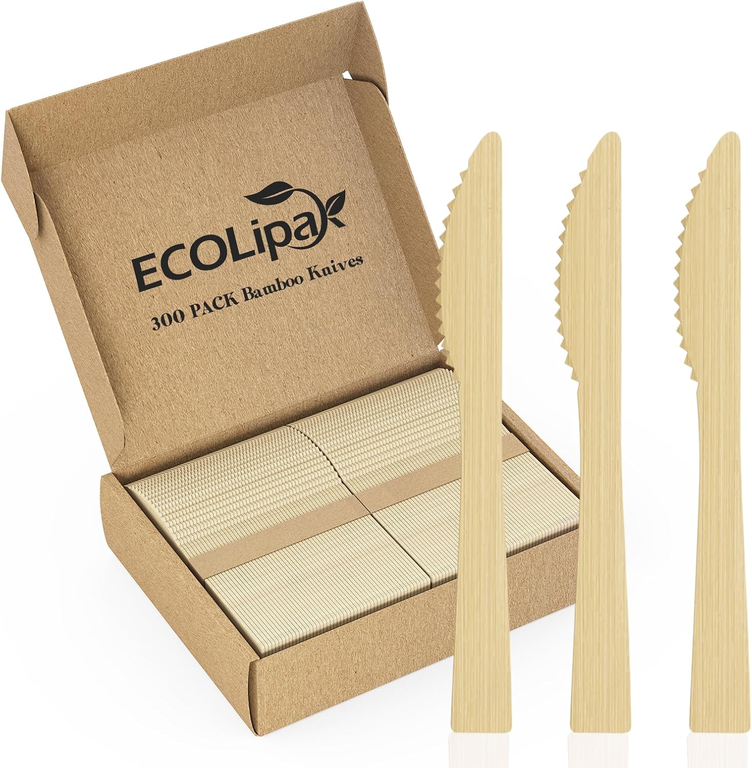 ECOLipak disposable bamboo knives front view pack of three hundred eco friendly cutlery pieces
