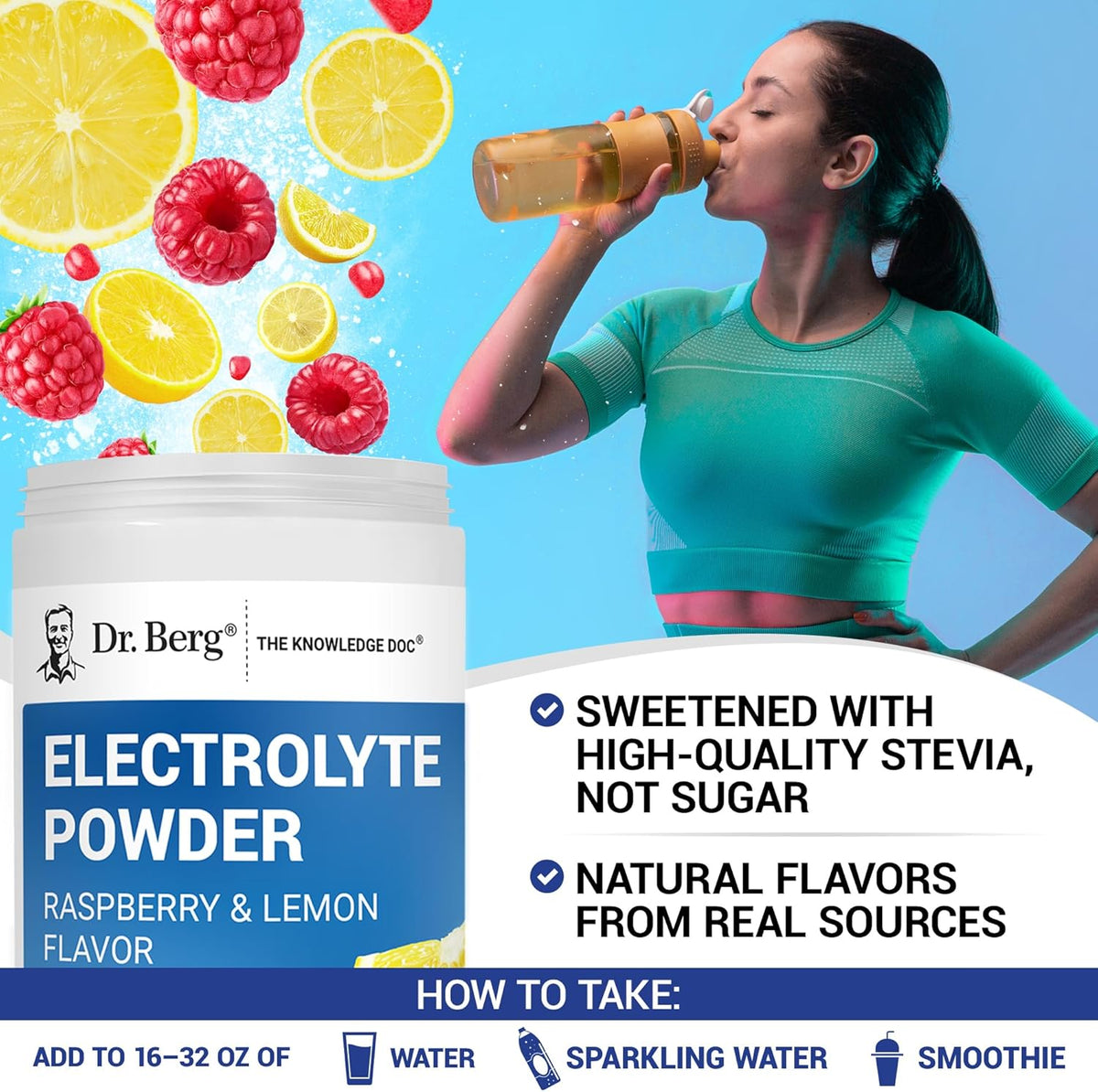 Dr. Berg raspberry and lemon flavored keto electrolyte supplement for fitness enthusiasts