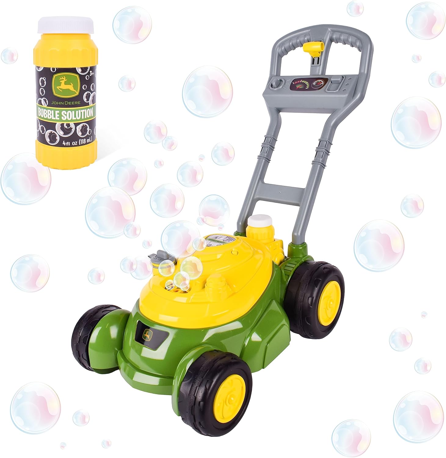 John Deere bubble lawn mower front view with green and yellow design