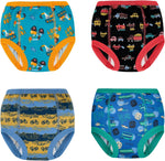 MooMoo Baby potty training underwear front view showing the comfortable elastic waistband and vibrant vehicle prints.