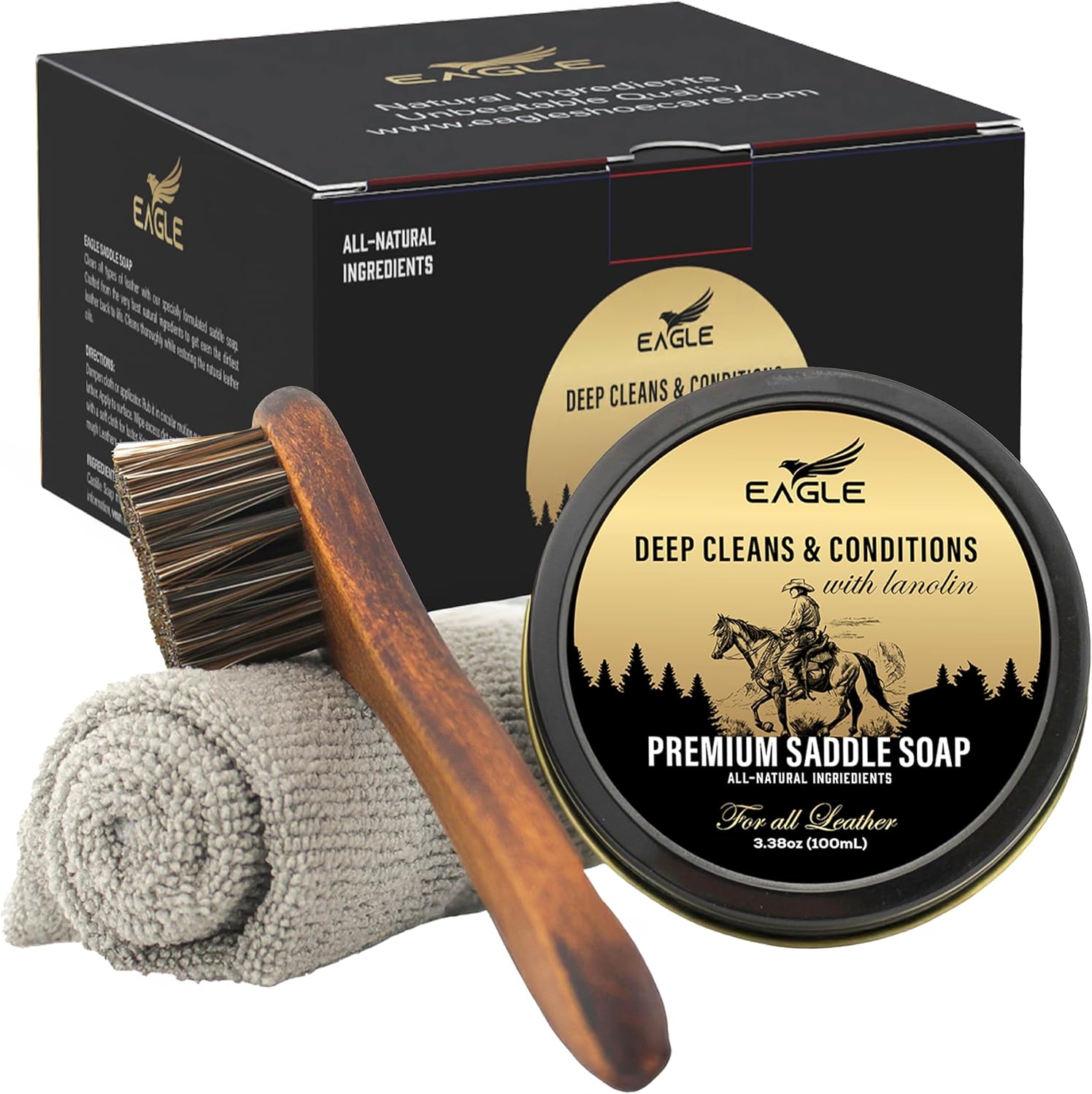 Eagle Saddle Soap 3-piece kit front view featuring the 3.53 ounce tin container.