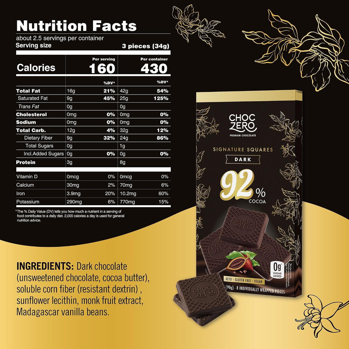ChocZero sugar free dark chocolate squares premium keto snacks