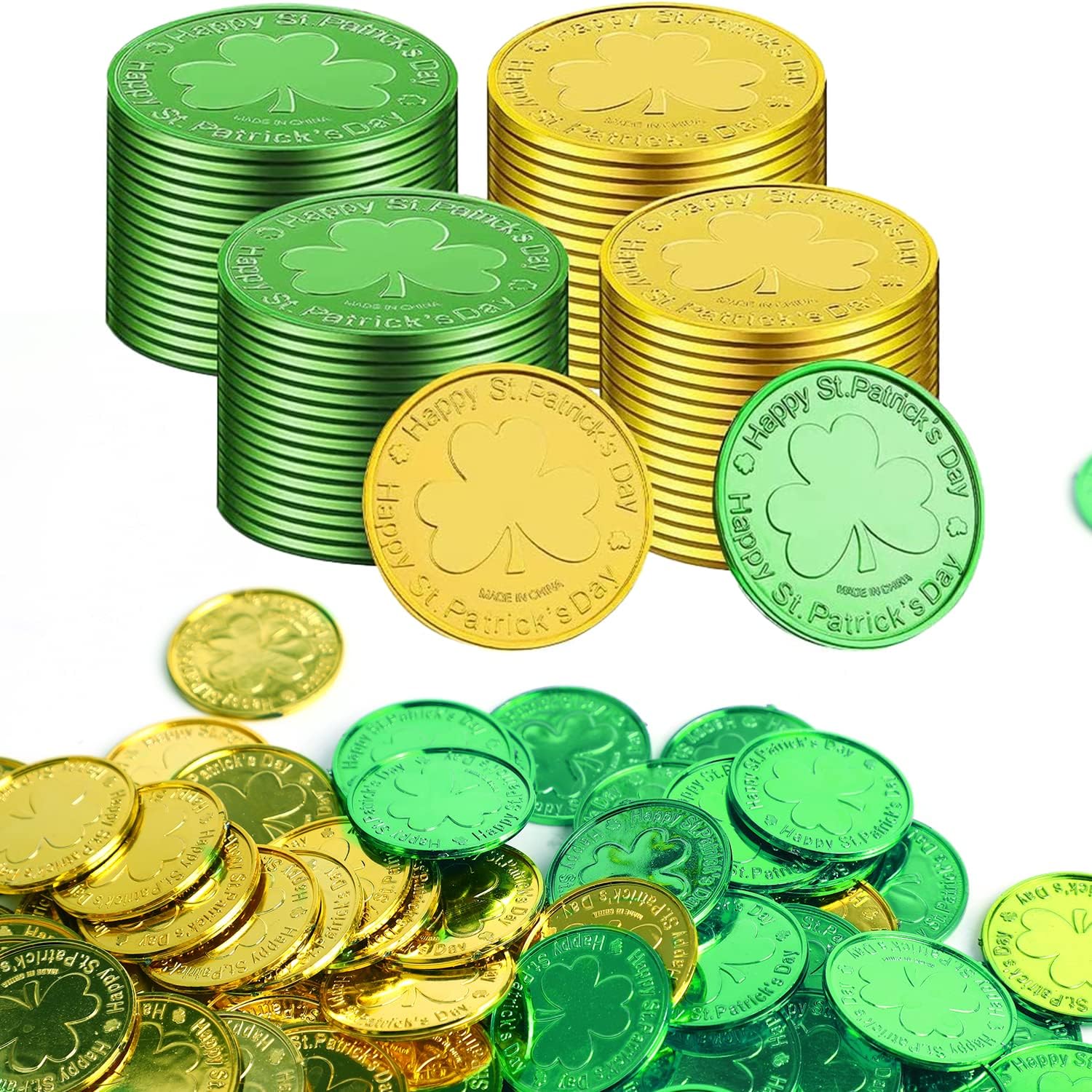 DIYASY St Patricks Shamrock Good Luck Coins front view showing detailed three leaf clover pattern.